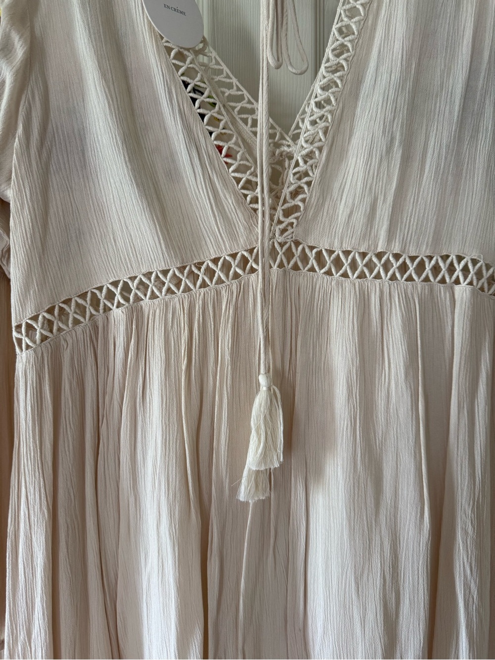 En Crème Boho Embroidered V-Neck Tunic Dress in Cream with Multicolor Floral - Picture 9 of 11
